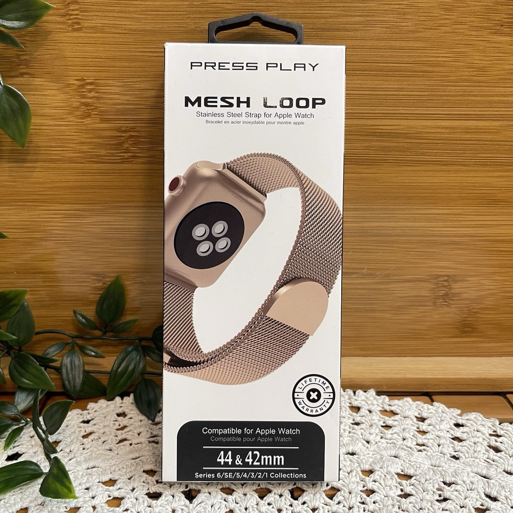 Press Play Stainless Steel Mesh Loop Band for Apple Watch 42mm 44mm Gold Strap
